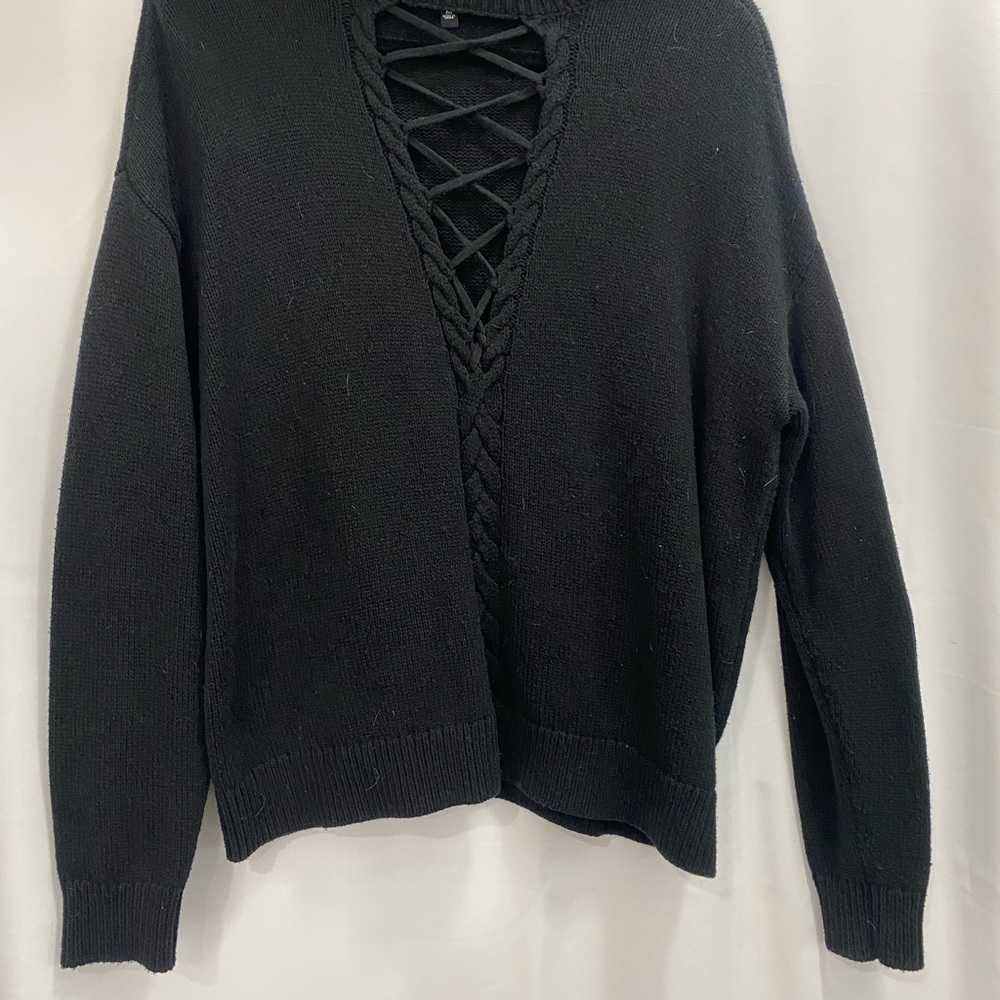 Kendall & Kylie Black V-Neck Lace-Up Sweater